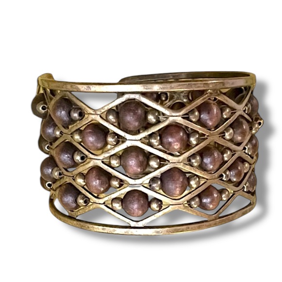 Brown Wooden Beads and Brass Cuff Bracelet Vintage - Picture 2 of 4
